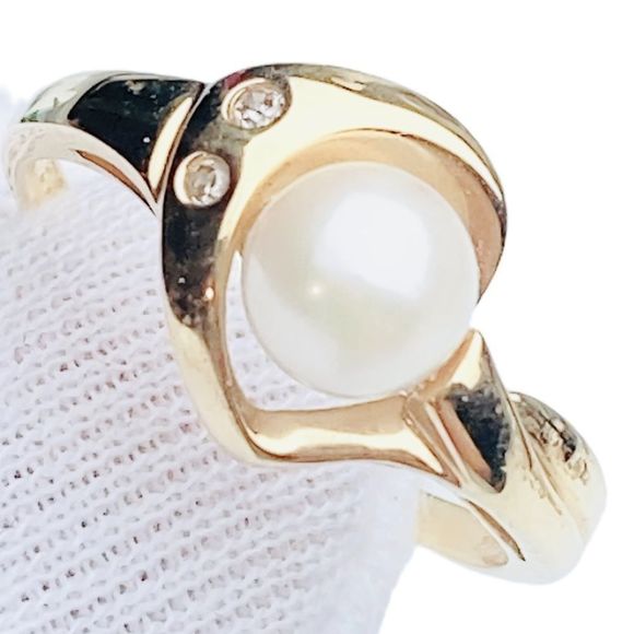 14kt 14k Yellow Gold Diamond & 5mm Pearl Ring Sz 7